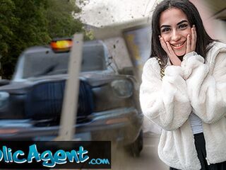 Public Agent small British Brunette hair Sucks and Screws after Almost Getting Run Over by a Runaway Taxi