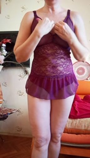 Mature Milf Tries on haul a Burgundy Bralette and a Purple Babydoll with Boobs out