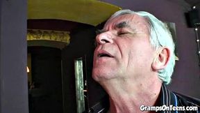 Naughty teen rides grandpa in bar