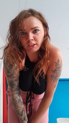 Mom with huge breasts does striptease and dresses in stockings while touching herself.