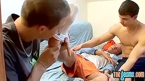 Young Homo Has His Feet And Hard Dick Sucked By Two Gays