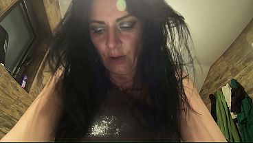 Ripped Shiny Nylon Jumpsuit in the Bathroom. Cum Cleanup, Dirty Dancing and Pee Play