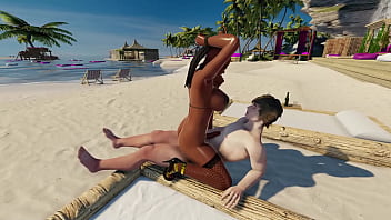 Sonja, the big-titted shemale, fucks on a tropical beach at 3DXChat