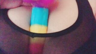 Rainbow Sex Toy for my Sportbra Banged Bug Breasts