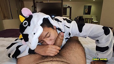 Anal Fucking POV Dreichwe in a cow pijama sucking and riding my big uncut cock until he earns my hot milk - Camilo Brown