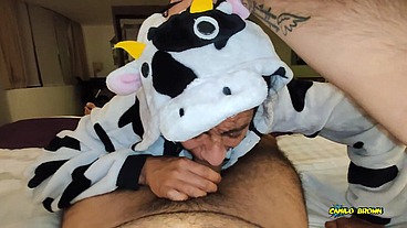 Anal Fucking POV Dreichwe in a cow pijama sucking and riding my big uncut cock until he earns my hot milk - Camilo Brown