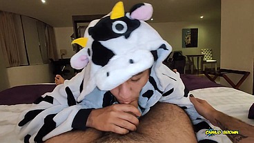 Anal Fucking POV Dreichwe in a cow pijama sucking and riding my big uncut cock until he earns my hot milk - Camilo Brown