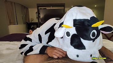 Anal Fucking POV Dreichwe in a cow pijama sucking and riding my big uncut cock until he earns my hot milk - Camilo Brown