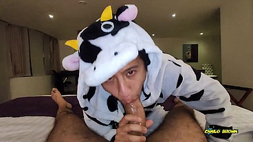 Anal Fucking POV Dreichwe in a cow pijama sucking and riding my big uncut cock until he earns my hot milk - Camilo Brown
