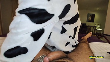 Anal Fucking POV Dreichwe in a cow pijama sucking and riding my big uncut cock until he earns my hot milk - Camilo Brown