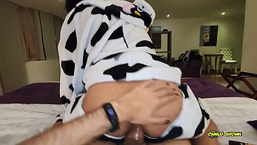 Anal Fucking POV Dreichwe in a cow pijama sucking and riding my big uncut cock until he earns my hot milk - Camilo Brown