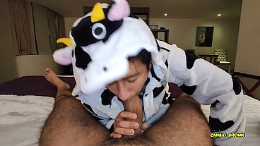Anal Fucking POV Dreichwe in a cow pijama sucking and riding my big uncut cock until he earns my hot milk - Camilo Brown