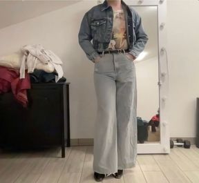 Crossdresser in wide leg flare palazzo jeans, sissy t-shirt and crop jeans jacket masturbating for you