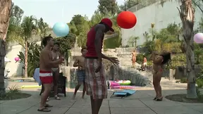 Busty Asian babe gets a hard black cock pounding by the pool