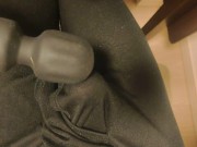 Stimulate with electric massager in the crotch of black tights. Unbearably big launch.