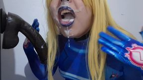 full version: cute trans samus with bdsm nosehook giving a sloppy blowjob to bbc dildo, deepthroat, facial fuck and eating semen