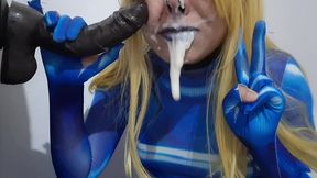 full version: cute trans samus with bdsm nosehook giving a sloppy blowjob to bbc dildo, deepthroat, facial fuck and eating semen