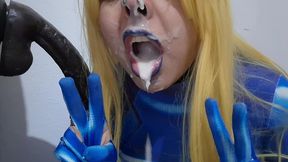 full version: cute trans samus with bdsm nosehook giving a sloppy blowjob to bbc dildo, deepthroat, facial fuck and eating semen