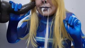 full version: cute trans samus with bdsm nosehook giving a sloppy blowjob to bbc dildo, deepthroat, facial fuck and eating semen