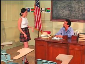 Hot ass chick on desk gets cum in mouth after hot fucking from teacher dude