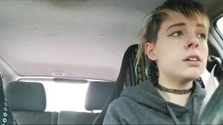 Into outside with sex toy and having an orgasm inside a vehicle