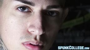 ”Tatted twink teasing while stroking prick passionately solo”