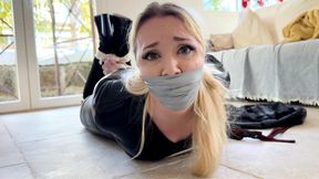 No escape for the thief: Latina’s intense tape gag hogtie leaves Lil Missy struggling in vain