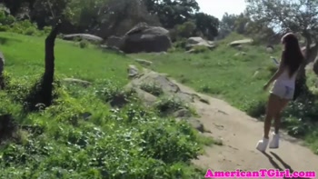 Red hair transbabe shows tits outdoors