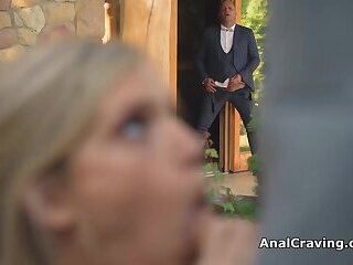 Blonde bride double penetrated on honeymoon by husband and the lucky waiter