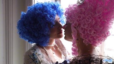 Blue haired French nobles lick pink pussies in lesbian roleplay