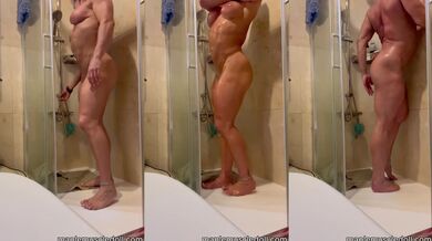 Muscular MILF strips soapy shower goddess joi
