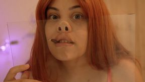 Giantess stepsister pushes tiny stepbrother to glass window and sucks it like a candy and plays with it. giantess stepsister then does a pig nose fetish on the glass window and presses her face to the glass and makes funny faces. then spits on the