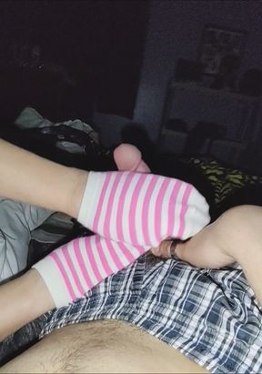 Hot Pink & White Striped Sockjob Sock Handjob - Cum on Socks