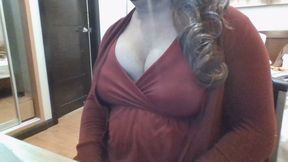Indian crossdresser in red midi dress and cardigan