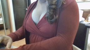 Indian crossdresser in red midi dress and cardigan