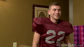 Football buddies Alex Greene and Brandon Wilde train their balls and cocks through fuck sesh