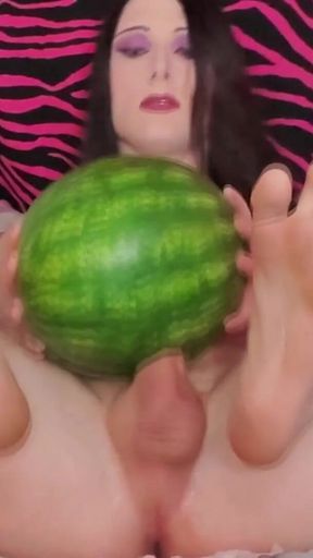 Big Cock Trans Girl Fucks Watermelon with Dirty Feet