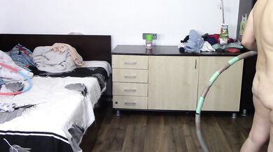 Sexy wife workout at home naked. Amateur wife masturbates with her fingers in her pussy.