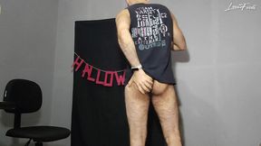 hairy naked guy setting up halloween scenery - louiferdi