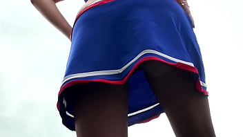 Cute Blonde In Cheerleader Uniform and Pantyhose and No Panties On Playing With Ball In Park