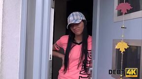 Debt. Unemployed young woman is ready to fuck for her new clothes