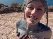 Happy hippie girl having a big cumshot load in her face after getting hard anal fucked in puplic