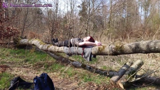 Girl tied to tree log in public forest: Breath control &amp; teasing to orgasm - Preview!