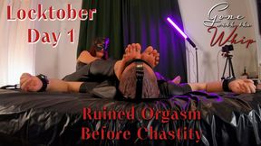 Redhead Mistress Teases her Chastity Slave with her Sexy Feet and gives him a Ruined Orgasm before locking him back in his Cage