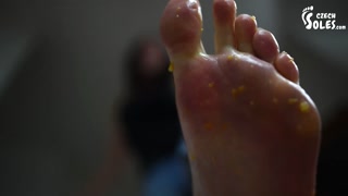 I'll crush fruits and you'll lick it off of my feet! (BIG feet, foot tease, POV foot worship, soles)