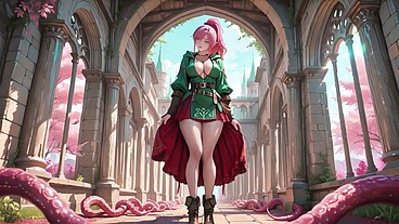 AI Generated - The Pink-Haired Mage's Seduction! Kneeling on soft sheets in her green bodysuit, she bites her lip with a gaze.