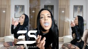 Smoking in leather and laced up high heels
