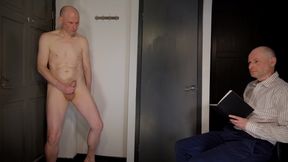 Jonathan at casting call strips naked show and masturbates till he cums as man inspect him and joins in wanking together