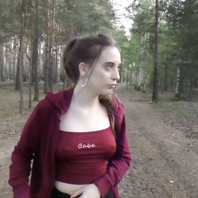 Doggystyle Fucked Girl Walking in the Forest with Naked Tits