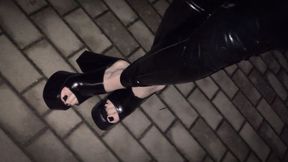 platform mules and latex leggings